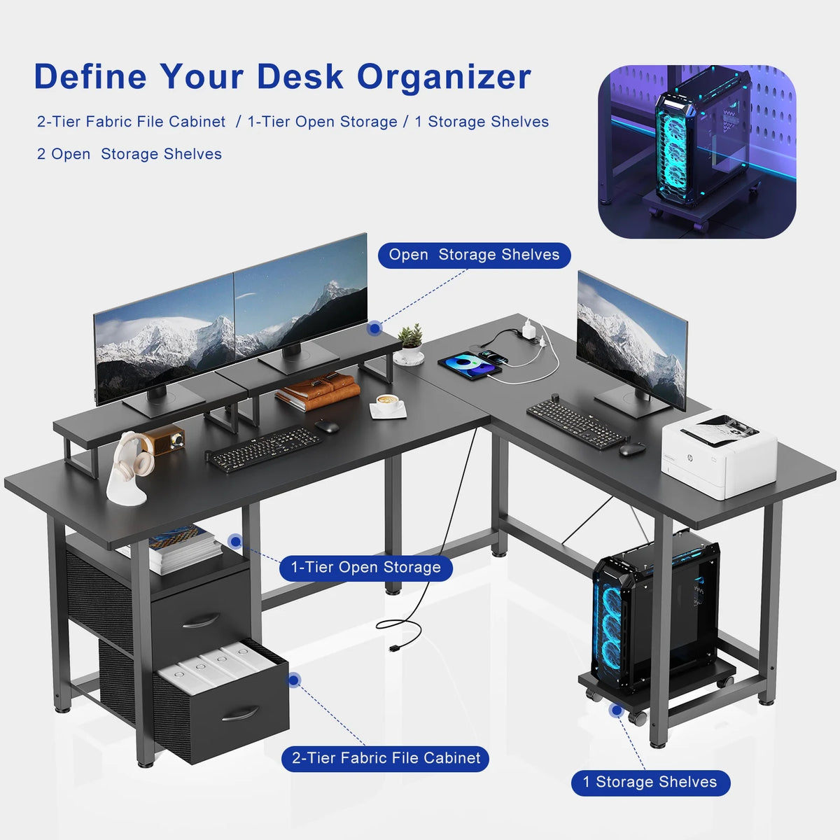 Lofka L Shaped Gaming Desk with Power Outlets, Computer Desk with Shelf and Drawers for Home /Office, Black