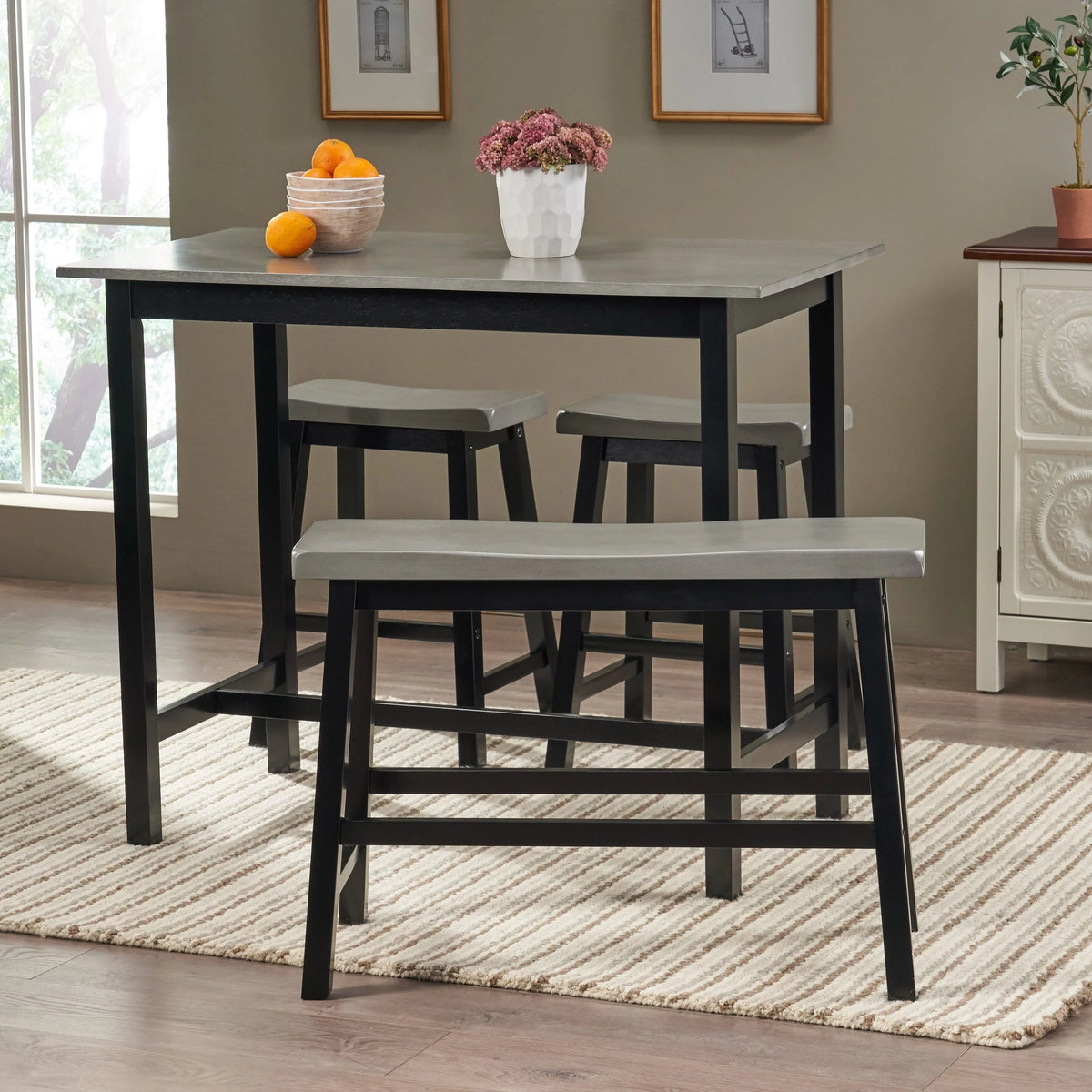 Noble House Dickson Farmhouse 4 Seater Rubber Wood Counter Dining Set, Gray and Black