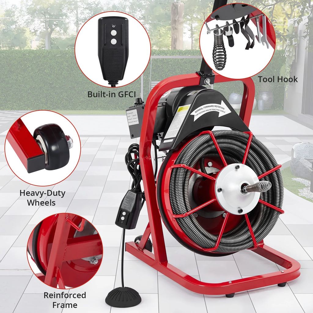 Roromall Drain Cleaner Machine 50FT/75FT/100FT x 3/8 - Inch/1/2 - Inch Sewer Auger Electric Drain Auger Sewer Snake with 4 Cutter, Air - Activated Foot Switch, Gloves