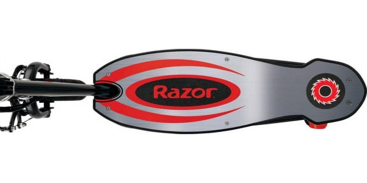 Razor Power Core E100 Electric Scooter with Aluminum Deck - Red. Ages 8+ and up to 120 lb. 8″ Pneumatic Front Tire. up to 11 Mph and up to 60 Mins of Ride Time. 100W Hub Motor. Unisex