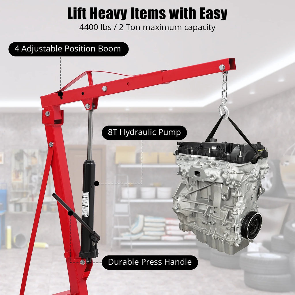 Ladcaser 2 Ton Engine Hoist, Folding Cherry Picker Engine Hoist with Lever and 6 Casters, 4400 lb Heavy Duty Hydraulic Shop Crane, Engine Crane Lifter for Workshops Garage Warehouse