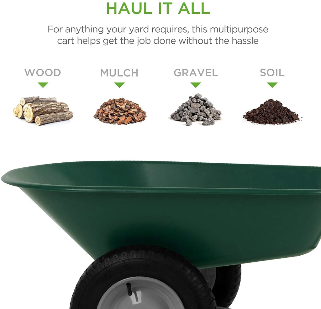 SEEKOL Dual - Wheel Home Utility Yard Wheelbarrow Garden Cart W/Built - in Stand for Lawn, Gardening, Construction, Green