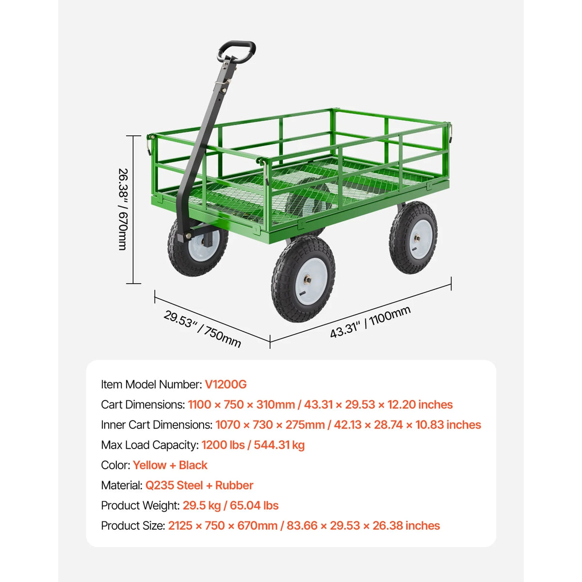 KFFKFF Mesh Steel Garden Cart 1200 lb, 43.3 x 29.5 " Heavy Duty Utility Wagon Cart, Pullable Metal Garden Trolley with 13' All-Terrain Tires, Removable Mesh Sides, 180swiveling Handle (Green)