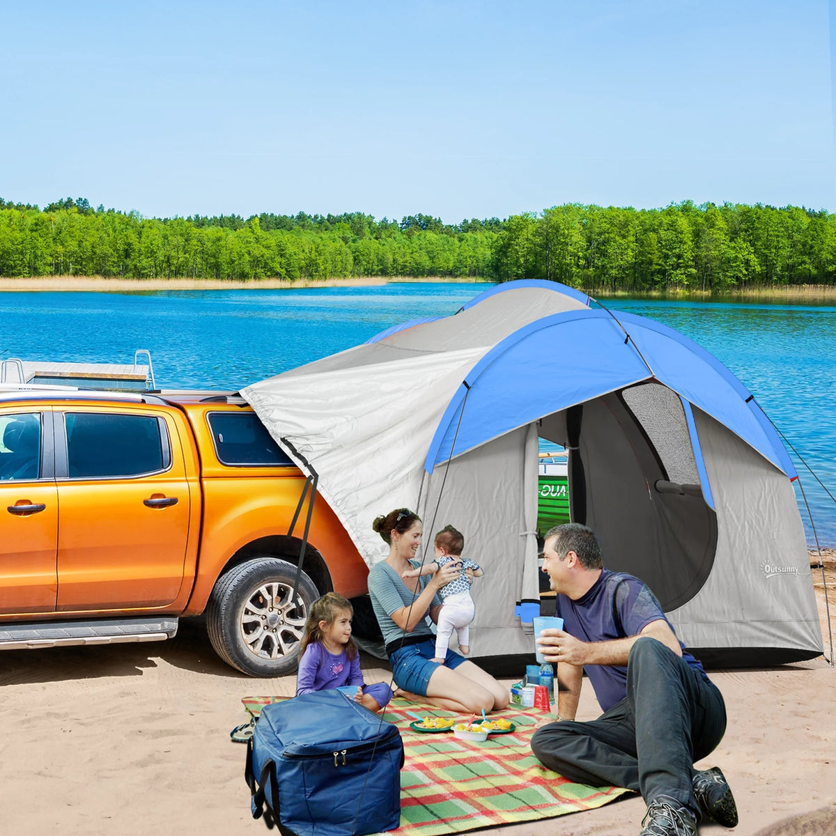 SUV Camping Tent, 2000mm Waterproof Truck with 3 Doors and Mesh Window, Car Camping Tailgate Tent for 5 - 6 Person Camping, Outdoor Travel, Mountaineering, Fishing, Wild Survival, Blue