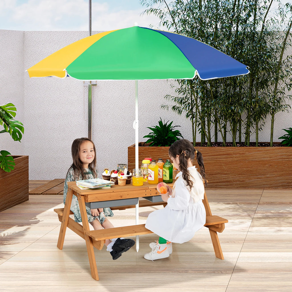 Costway 3 - in - 1 Kids Picnic Table Wooden Outdoor Sand & Water Table with Umbrella Play Boxes Green