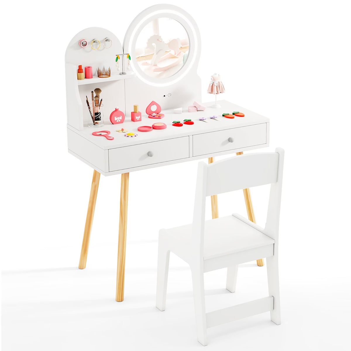 Gymax Kids Vanity Set W/ Lighted Mirror Princess Makeup Dressing Desk & Chair Set White