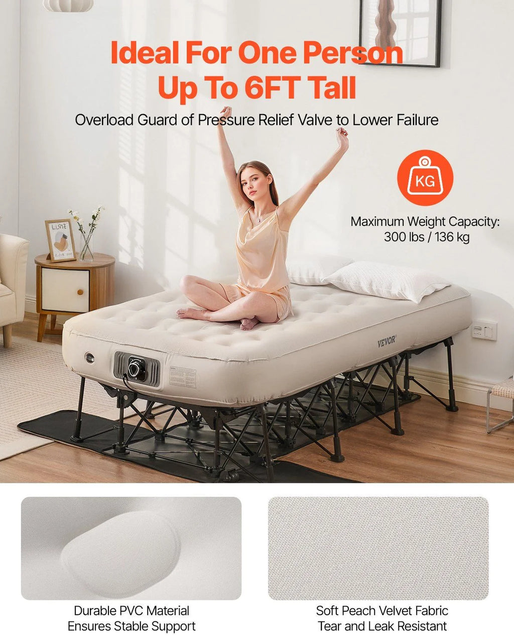 Air Mattress with Frame, Inflatable 1 Person Camping Cot with Built - in Pump, Portable Folding Air Beds Supports 300 lb, Blow up Anywhere Bed for Guests Camping Travel Indoor & Outdoor Use
