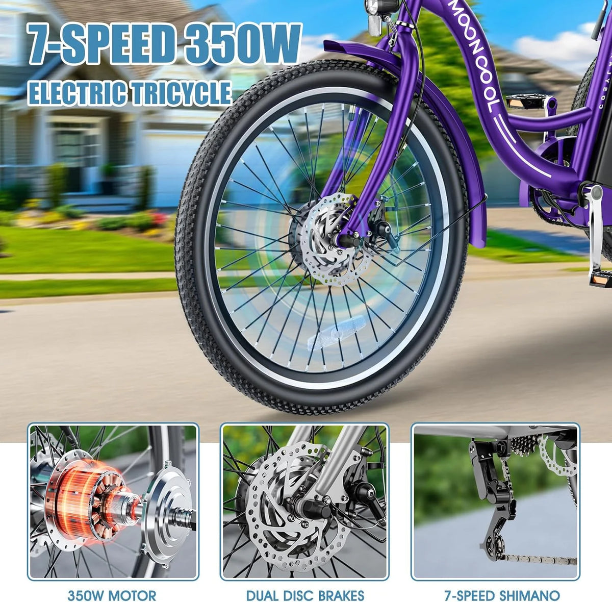 ABORON 24" 26" Electric Tricycles, 36V 10ah 350W Lithium Battery, 7 Speed E - Trike for Adults with Large Capacity Rear Basket & Adjustable Seat