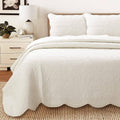 Cozy Line Victorian Medallion Matelasse Scalloped Edge 100% Cotton 3-Piece Ivory Cream Quilt Bedding Set, Queen, Beige