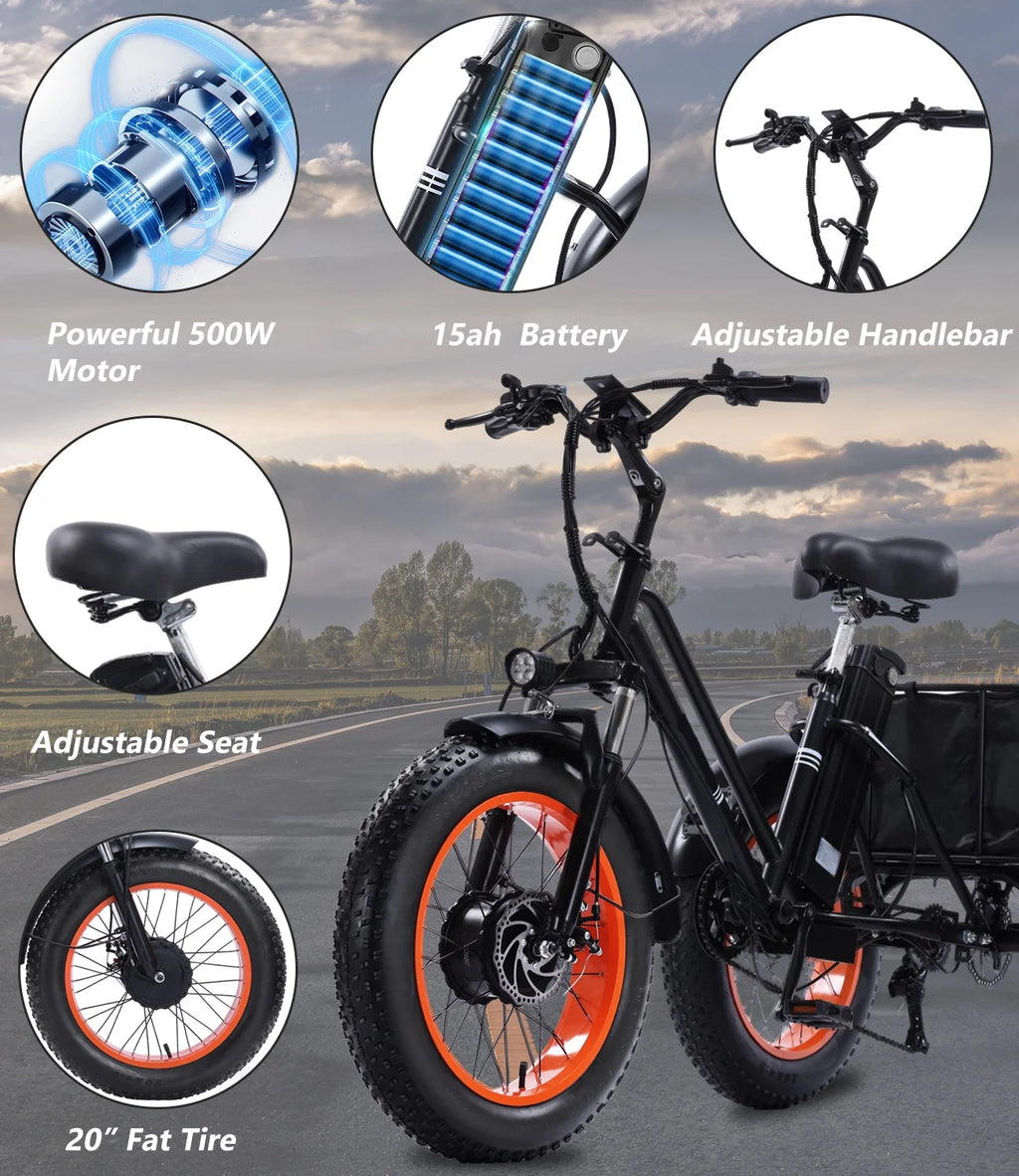 YEBEI Electric Tricycle for Adults Folding E - Trike Motorized Tricycle Electric 3 Wheels Trike Powerful 500W Motor Electric Tricycle 48V15AH Lithium Battery Max 20MPH 20*4.0" Fat Tire Orange