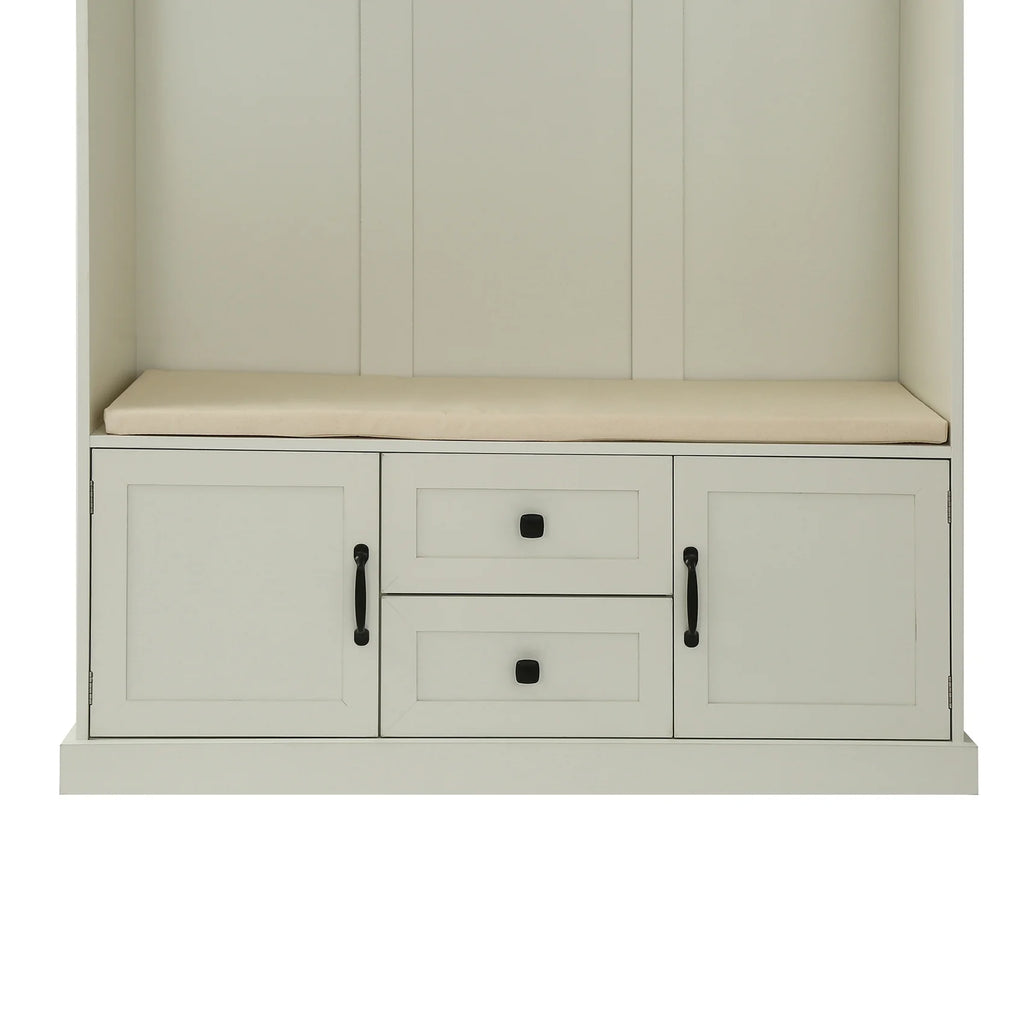 Hall Tree with Upholstered Bench and Coat Rack, Entryway Bench with 3 Hooks, 3 Open Shelves, 2 Drawers & Storage Cabinets, Mudroom Bench with Storage and Hooks for Foyer, Entry Way, Hallway (Beige)