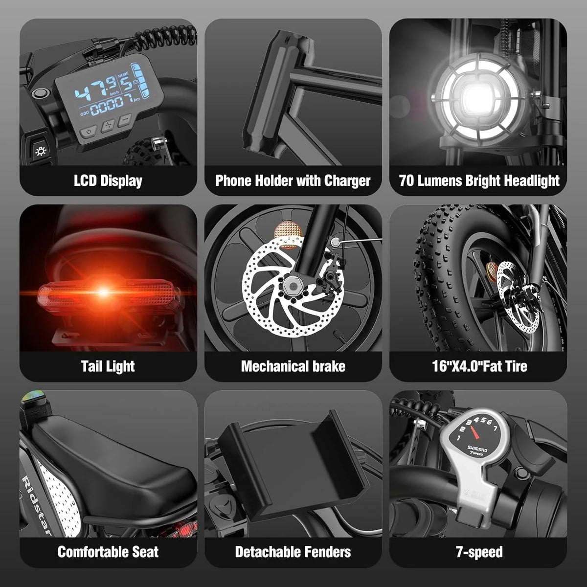Ridstar Electric Biycle for Adults, 1200W 32MPH, 48V 20AH Electric Dirt Bike, 20" Fat Tire 7 Speed Mountain Bike UL2849