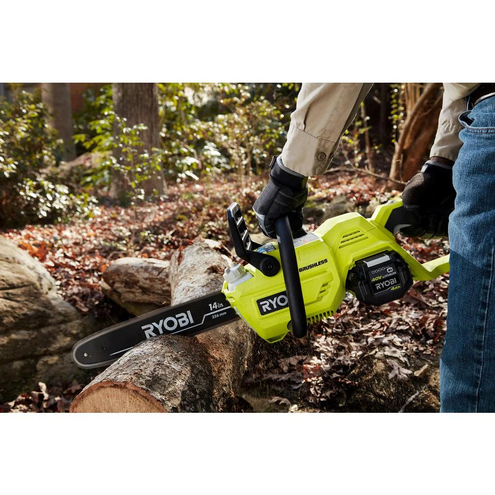 Ryobi 14" 40V Battery Powered Chainsaw, Brushless Motor for Gas - Like Power