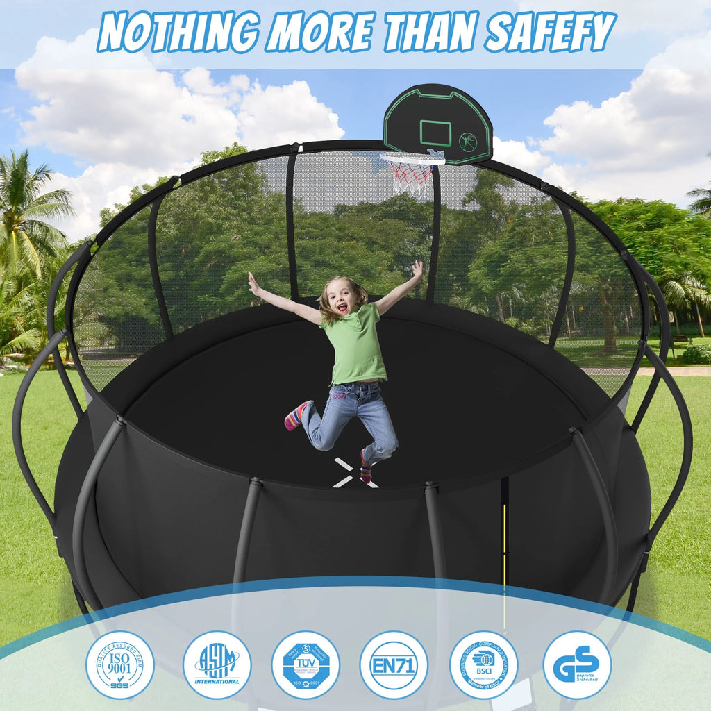 Soges 16FT Trampoline with Basketball Hoop for Kids and Adults Outdoor Trampoline with Ladder and Safety Enclosure Net Pumpkin Trampoline with Curved Poles Heavy Duty Recreational Trampoline 1500 lb