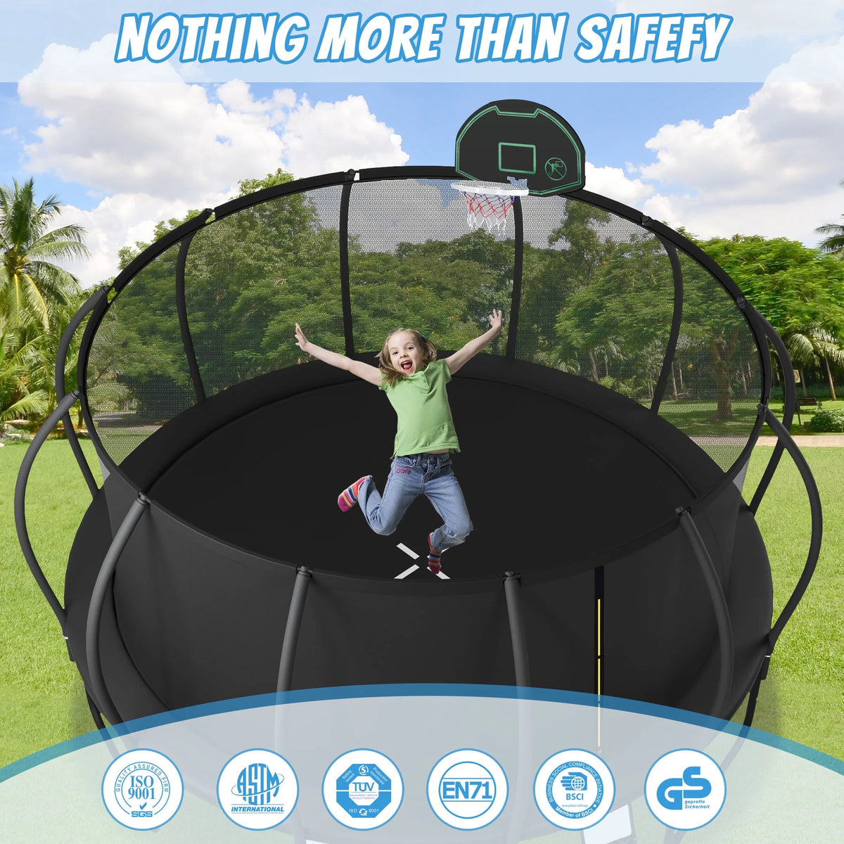 Soges 16FT Trampoline with Basketball Hoop for Kids and Adults Outdoor Trampoline with Ladder and Safety Enclosure Net Pumpkin Trampoline with Curved Poles Heavy Duty Recreational Trampoline 1500 lb