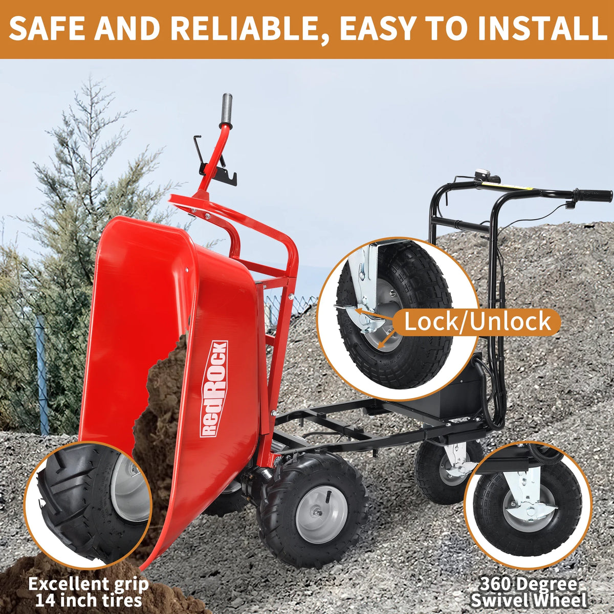 Redrock Wheelbarrow Utility Cart Electric Powered Cart 48v28ah 500W Capacity 500 lb (230kg) Material Debris Hauler 1000 lb Towing