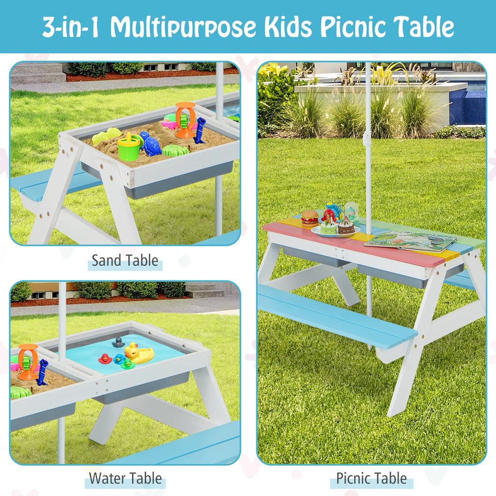 Costway 3 - in - 1 Kids Picnic Table Wooden Outdoor Sand & Water Table with Umbrella Play Boxes Green