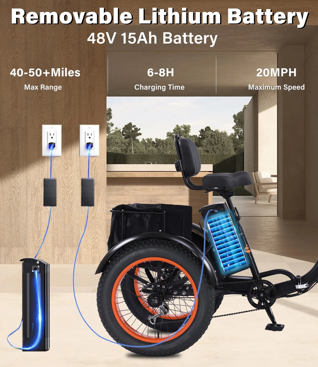 YEBEI Electric Tricycle for Adults Folding E - Trike Motorized Tricycle Electric 3 Wheels Trike Powerful 500W Motor Electric Tricycle 48V15AH Lithium Battery Max 20MPH 20*4.0" Fat Tire Orange