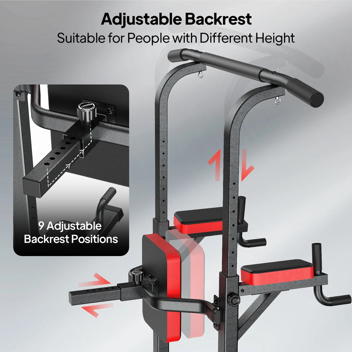 LNOW Multifunction Power Tower Pull up Bar Dip Station Power Rack with Adjustable Backrest for Home Gym Strength Training Workout Equipment Max Weight 480 lb