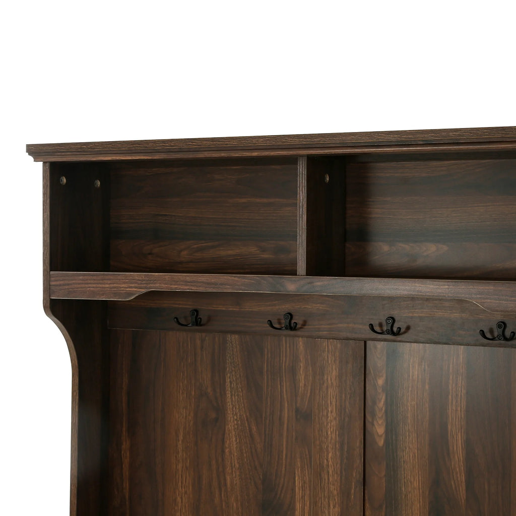 Hall Tree with Upholstered Bench and Coat Rack, Entryway Bench with 3 Hooks, 3 Open Shelves, 2 Drawers & Storage Cabinets, Mudroom Bench with Storage and Hooks for Foyer, Entry Way, Hallway (Beige)
