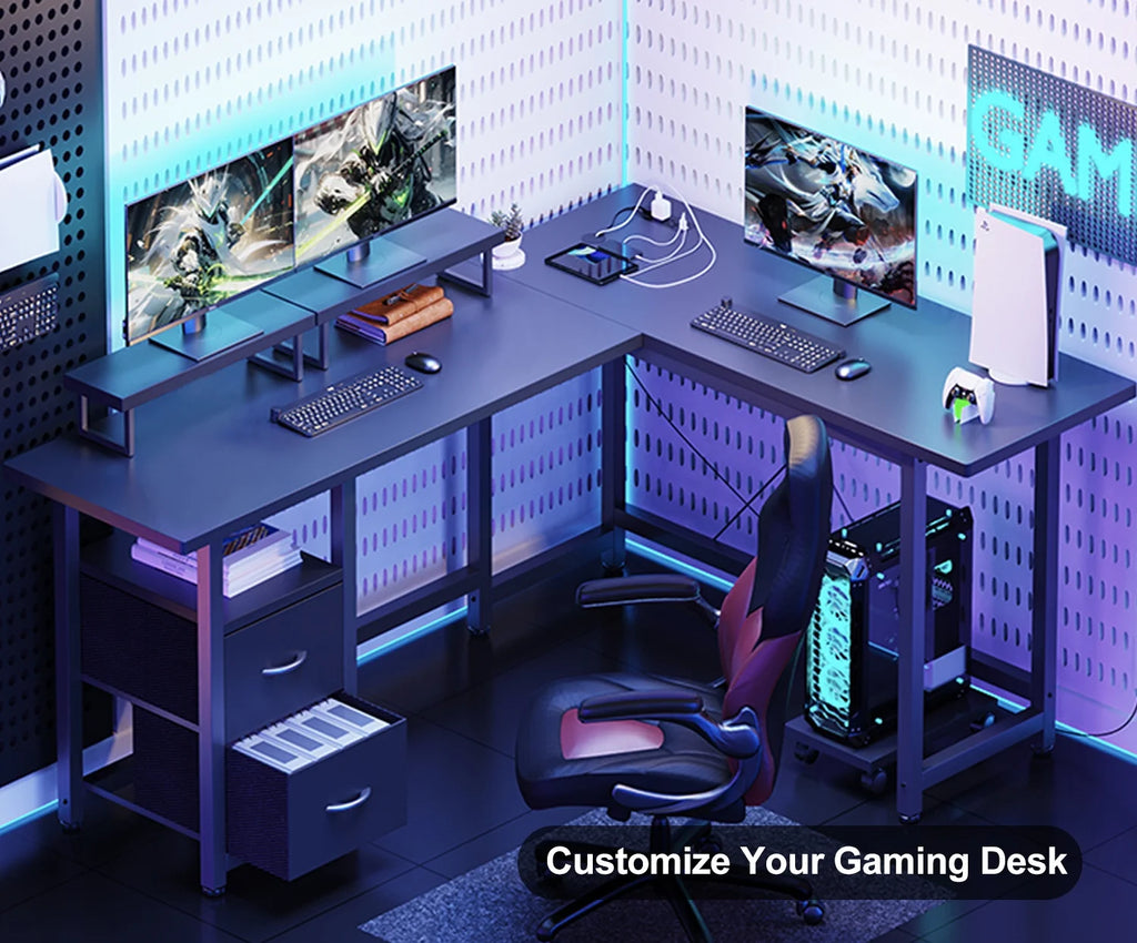 Lofka L Shaped Gaming Desk with Power Outlets, Computer Desk with Shelf and Drawers for Home /Office, Black