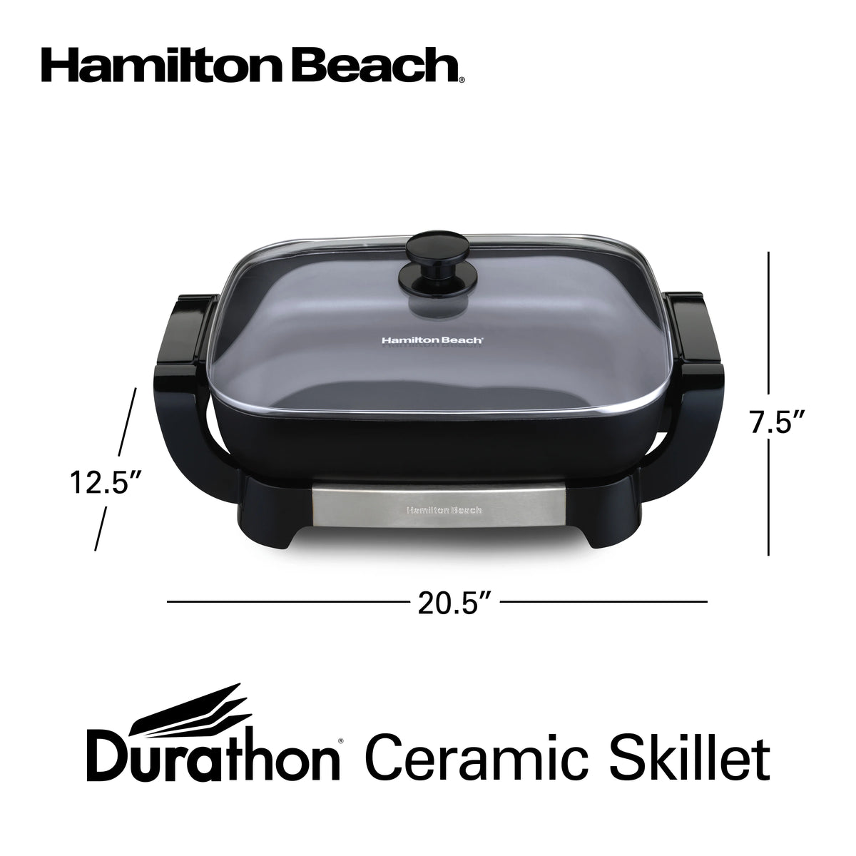 Hamilton Beach Electric Skillet with Lid, 12" x 15" Ceramic Cooking Surface, Reversible Pan, Grey