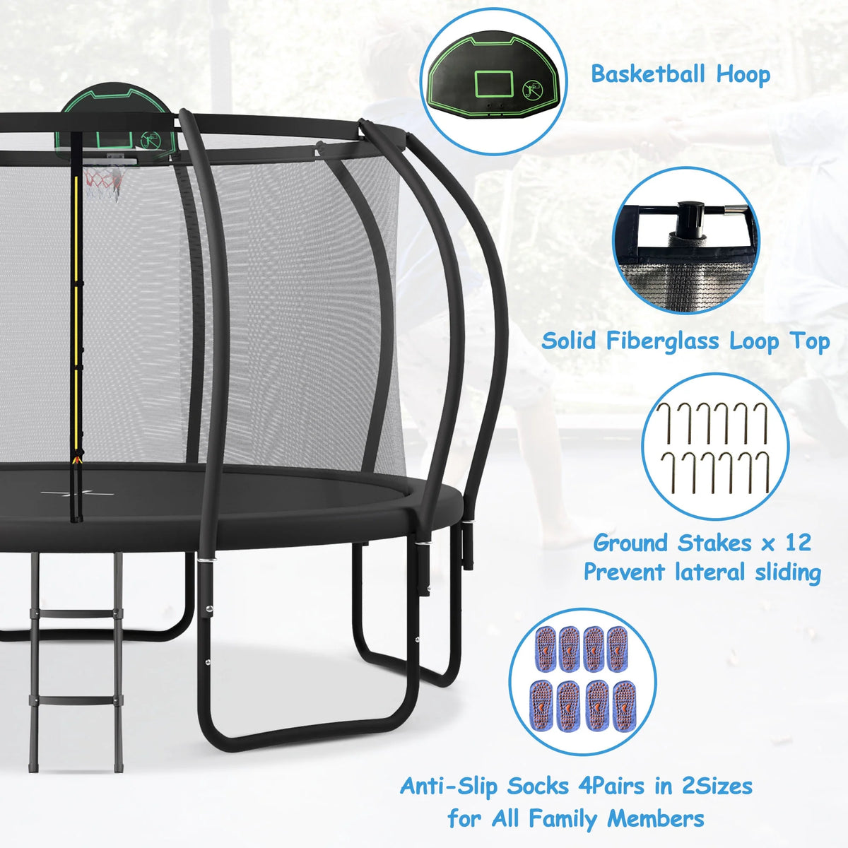 Soges 16FT Trampoline with Basketball Hoop for Kids and Adults Outdoor Trampoline with Ladder and Safety Enclosure Net Pumpkin Trampoline with Curved Poles Heavy Duty Recreational Trampoline 1500 lb
