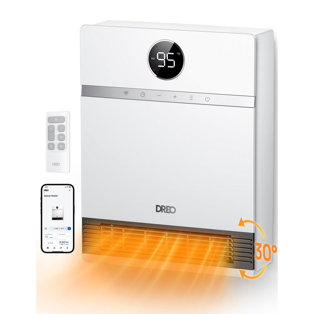 Dreo Smart Wall Heater, IP24 Electric PTC Space for Indoor Use, 30 Oscillation, Adjustable Thermostat, Remote Control, Works with Alexa, 24H Timer, Easy - Mounted for Bedroom, Office