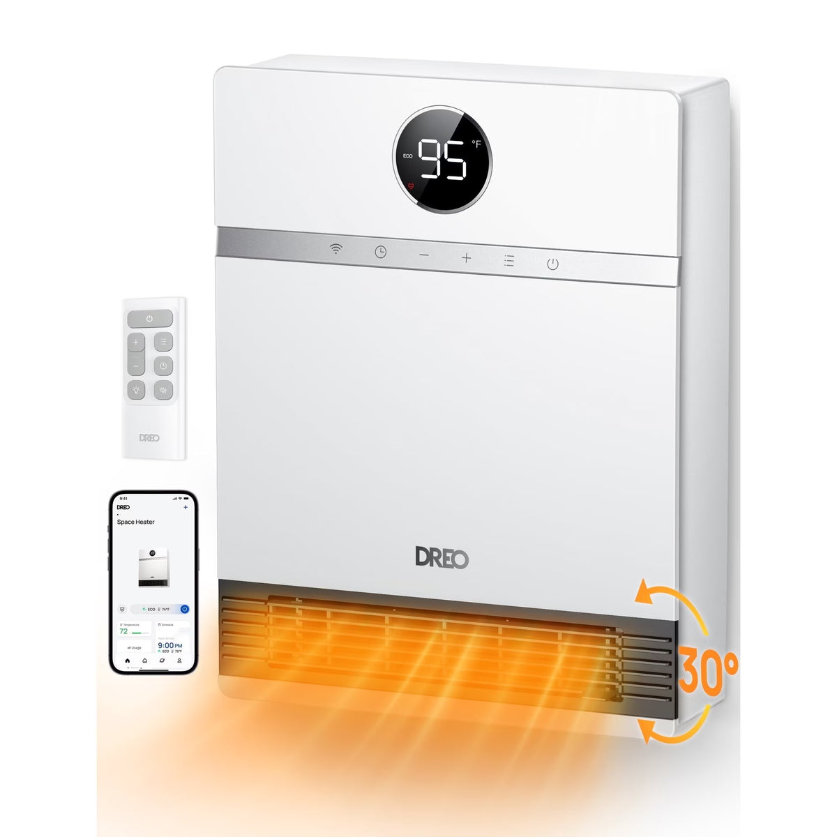 Dreo Smart Wall Heater, IP24 Electric PTC Space for Indoor Use, 30 Oscillation, Adjustable Thermostat, Remote Control, Works with Alexa, 24H Timer, Easy - Mounted for Bedroom, Office