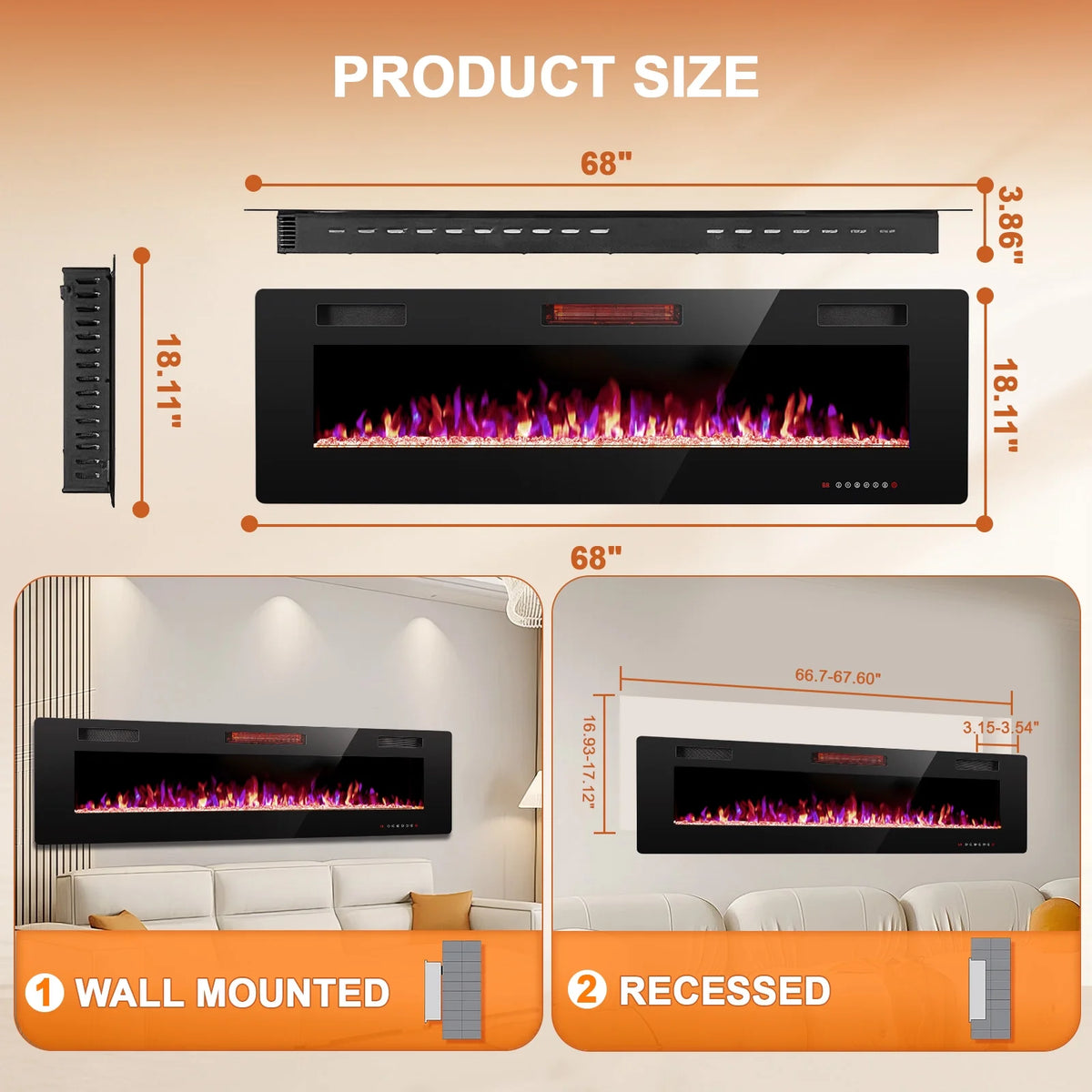 KISSAIR 60 Indoor Electric Fireplace Ultra Thin Fireplace, Wall Mounted Recessed Fireplace with Multiple Colors