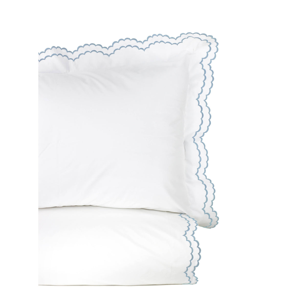 Embroidered Percale Crisp Cotton Double Scallopier Duvet Set and Sham - Blue - Twin - Twin XL