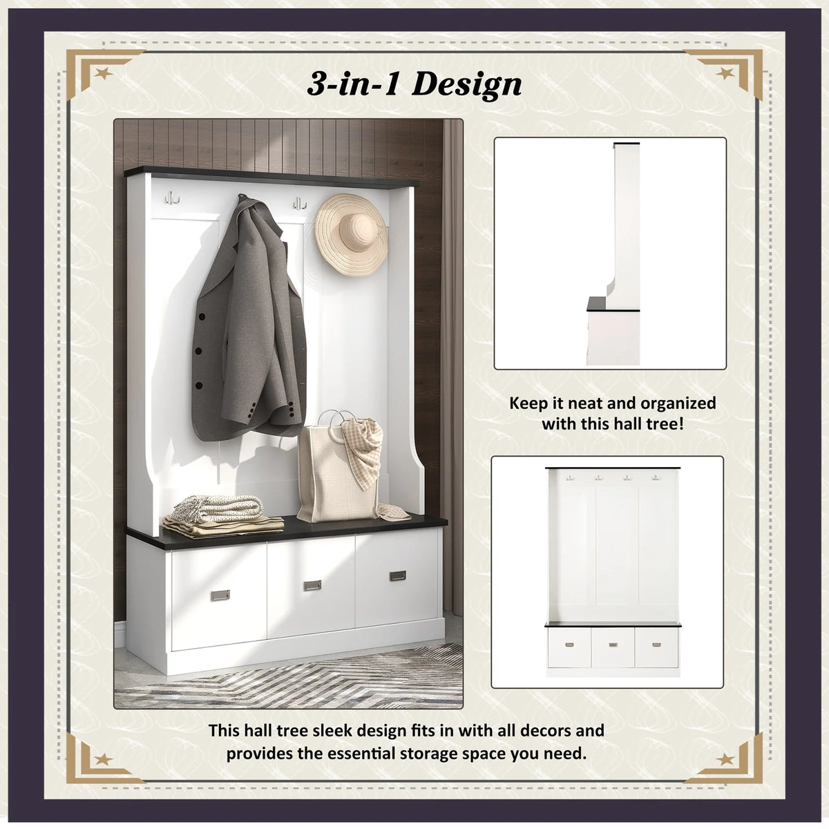 Hall Tree with Upholstered Bench and Coat Rack, Entryway Bench with 3 Hooks, 3 Open Shelves, 2 Drawers & Storage Cabinets, Mudroom Bench with Storage and Hooks for Foyer, Entry Way, Hallway (Beige)