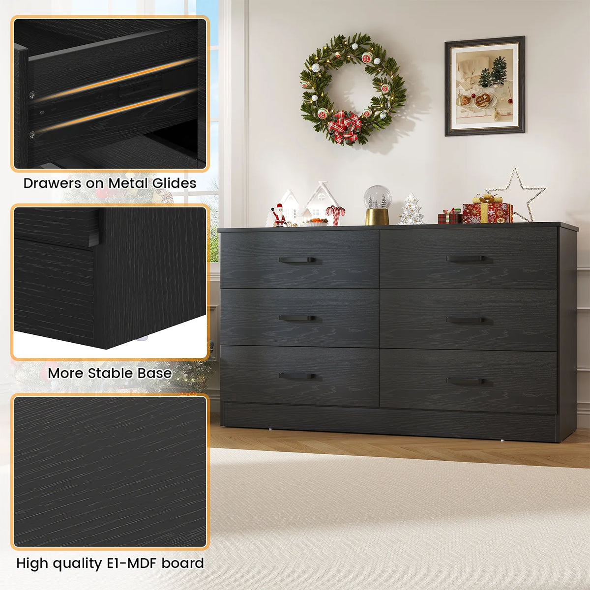 Winkalon 6 Drawer White Double Dresser, Wood Storage Cabinet with Easy Pull Out Handles for Living Room, Chest of Drawers for Bedroom