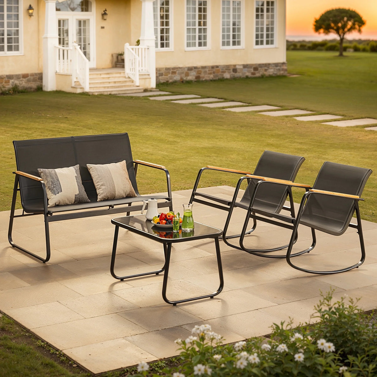 Patio Conversation Sets for 4, Lofka 4 Pieces Patio Furniture Sets with Rocking Bistro Fabric Chairs, Garden Loveseat, Glass Coffee Table for Backyard, Poolside, Porch, Lawn, Black