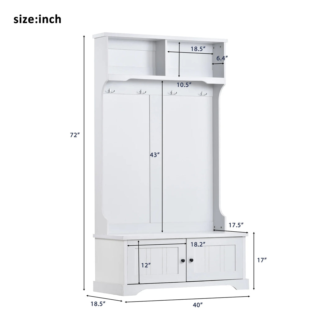 Hall Tree with Upholstered Bench and Coat Rack, Entryway Bench with 3 Hooks, 3 Open Shelves, 2 Drawers & Storage Cabinets, Mudroom Bench with Storage and Hooks for Foyer, Entry Way, Hallway (Beige)