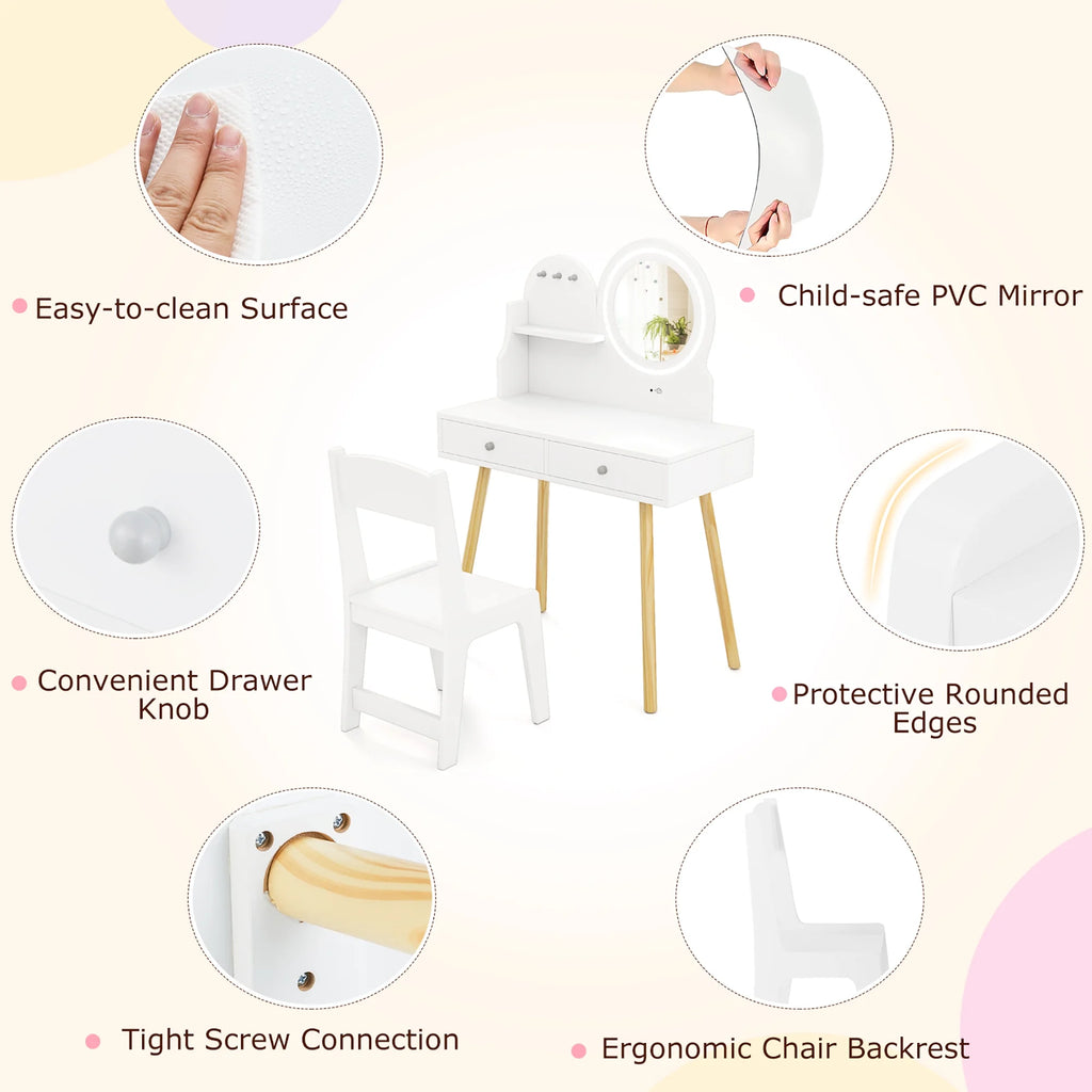 Gymax Kids Vanity Set W/ Lighted Mirror Princess Makeup Dressing Desk & Chair Set White