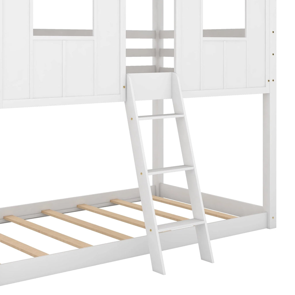Euroco Twin Over Twin Low Bunk Bed with Roof and Guardrail for Kids Room, White