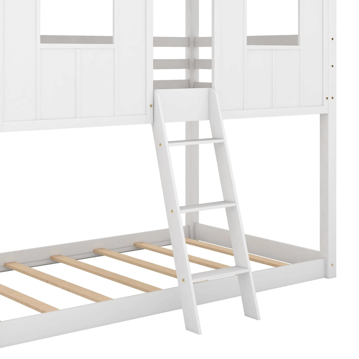 Euroco Twin Over Twin Low Bunk Bed with Roof and Guardrail for Kids Room, White