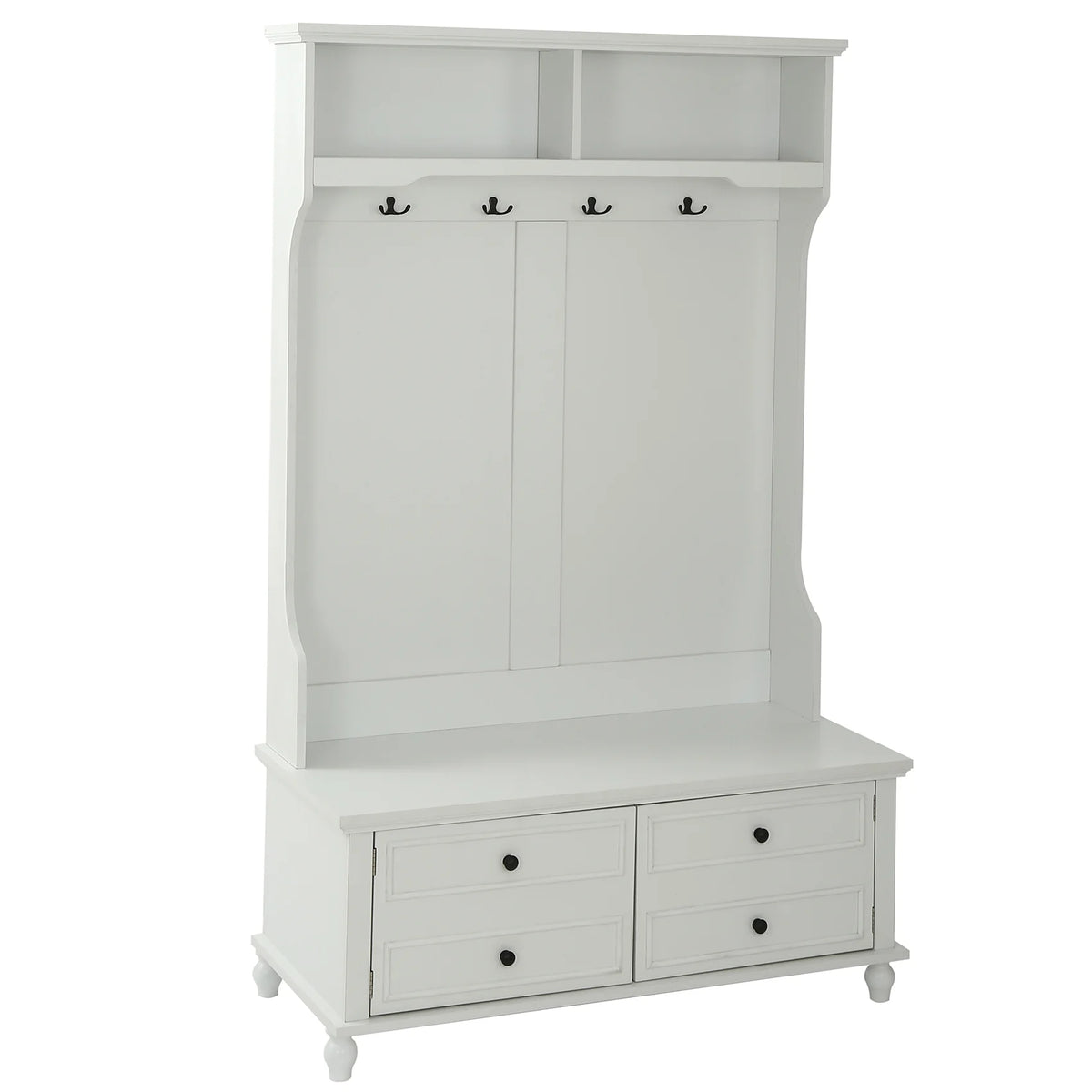 Hall Tree with Upholstered Bench and Coat Rack, Entryway Bench with 3 Hooks, 3 Open Shelves, 2 Drawers & Storage Cabinets, Mudroom Bench with Storage and Hooks for Foyer, Entry Way, Hallway (Beige)