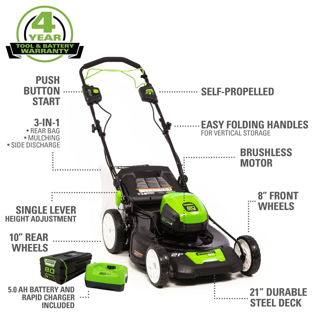 Greenworks 80V 21" SP Mower, 5ah Battery and Charger 2502402NV