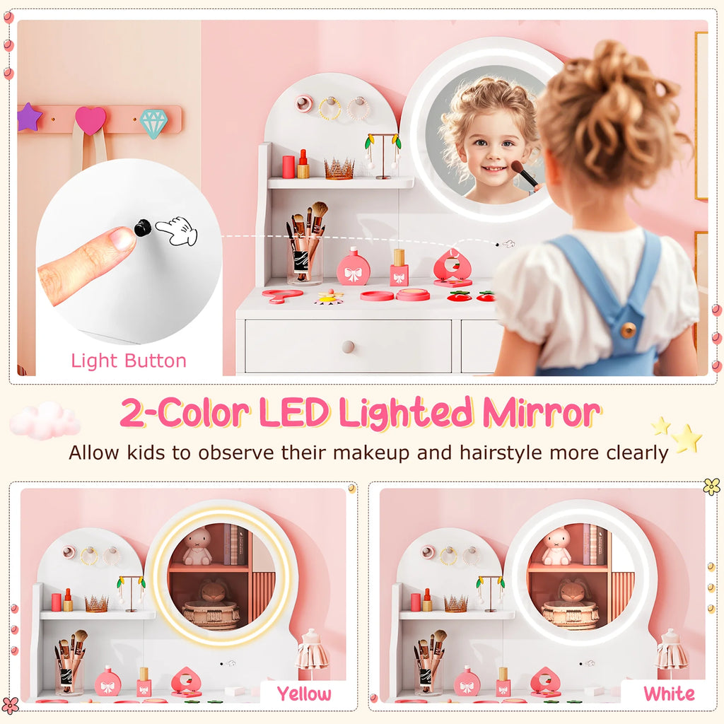 Gymax Kids Vanity Set W/ Lighted Mirror Princess Makeup Dressing Desk & Chair Set White
