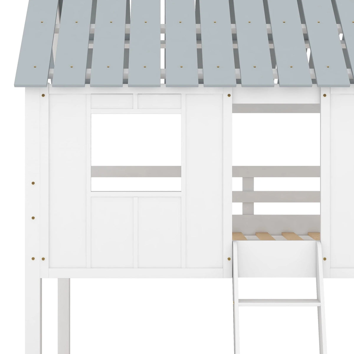 Euroco Twin Over Twin Low Bunk Bed with Roof and Guardrail for Kids Room, White