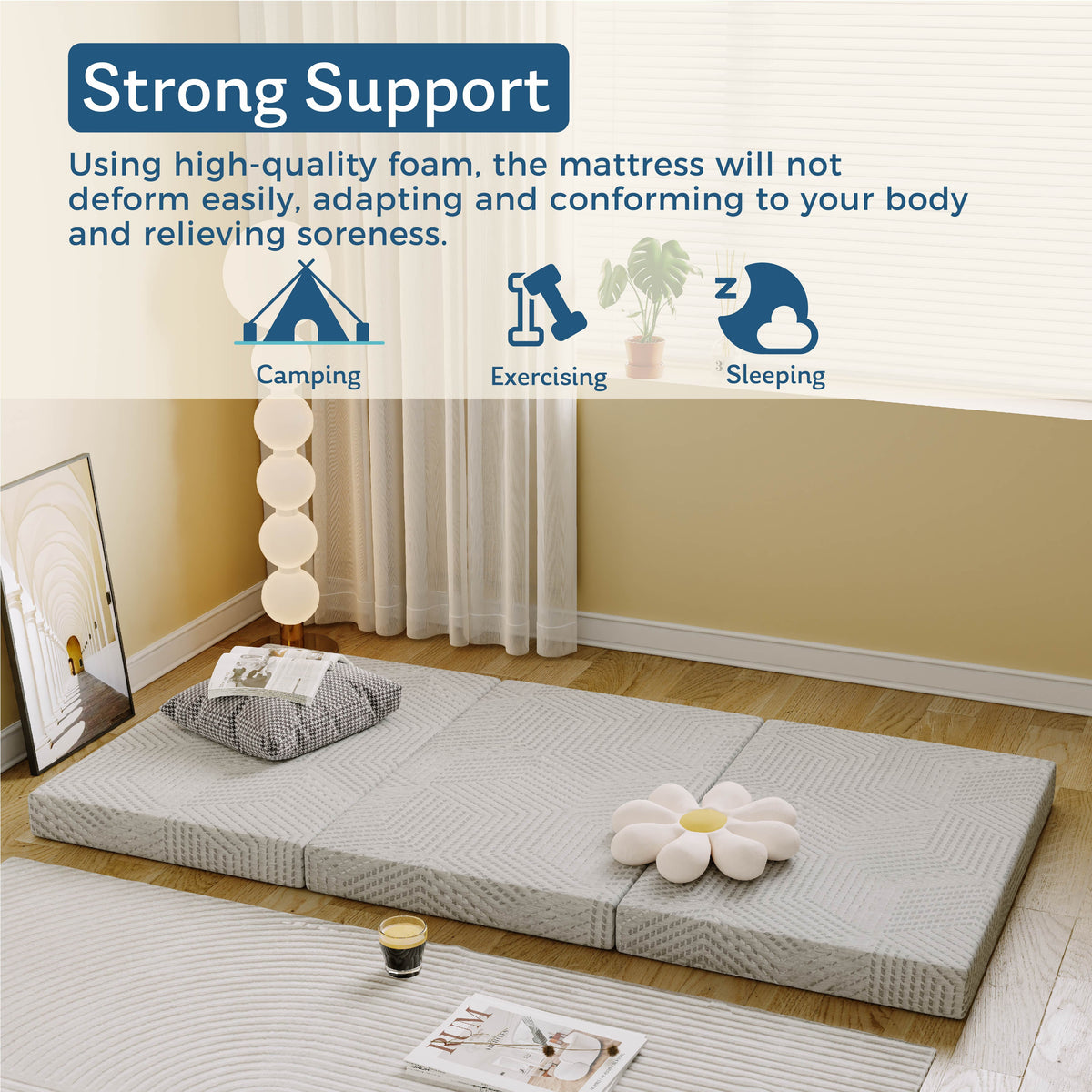 Ego 4 inch Tri Folding Memory Foam Mattress. Portable Guest Bed. Queen Size