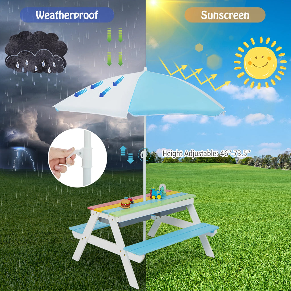 Costway 3 - in - 1 Kids Picnic Table Wooden Outdoor Sand & Water Table with Umbrella Play Boxes Green