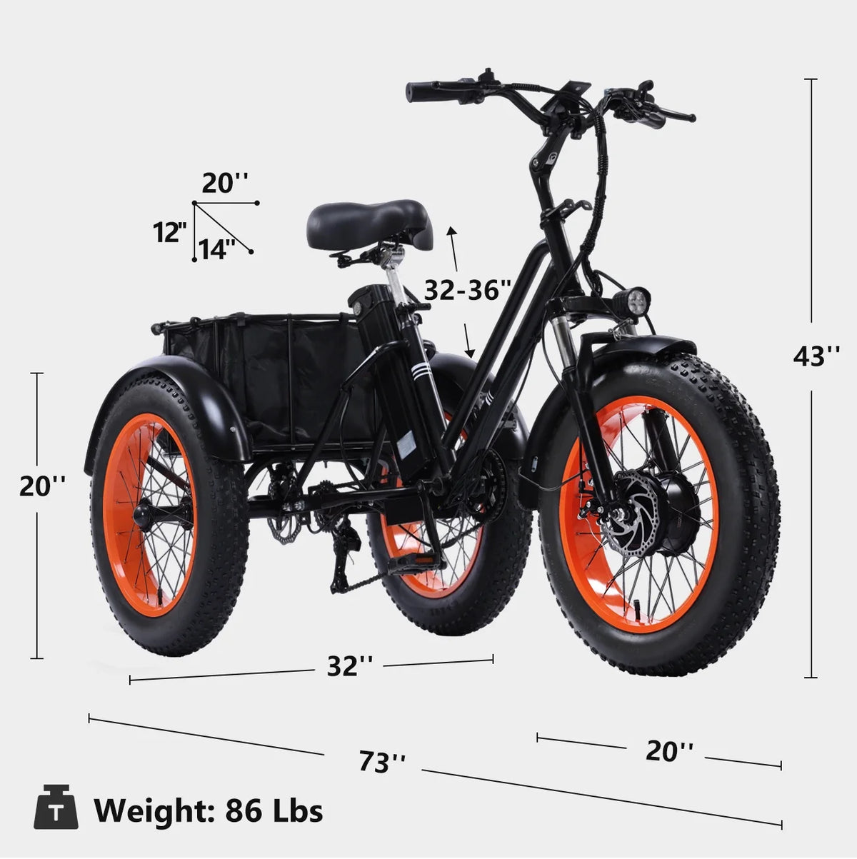 YEBEI Electric Tricycle for Adults Folding E - Trike Motorized Tricycle Electric 3 Wheels Trike Powerful 500W Motor Electric Tricycle 48V15AH Lithium Battery Max 20MPH 20*4.0" Fat Tire Orange