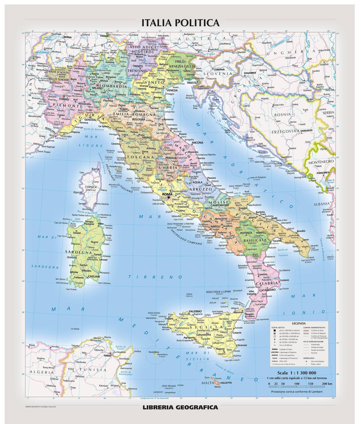 Political Italy Wall Map - Italian - 39.5" x 46.25" Paper
