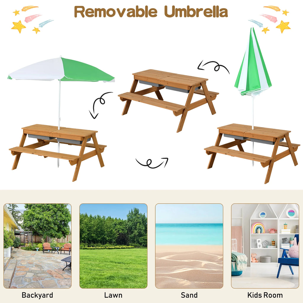 Costway 3 - in - 1 Kids Picnic Table Wooden Outdoor Sand & Water Table with Umbrella Play Boxes Green