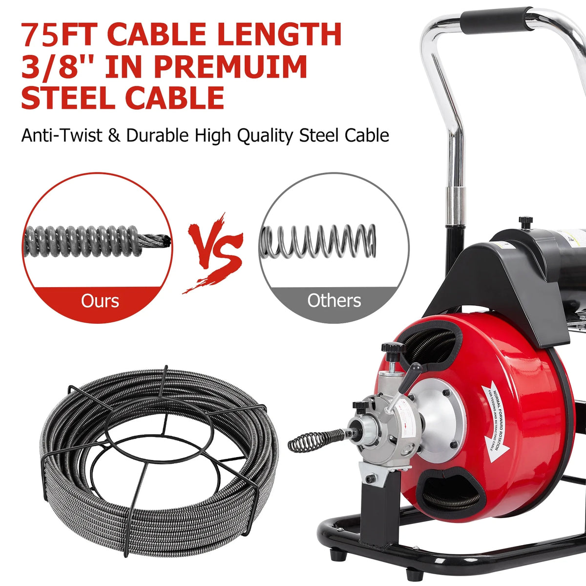 Roromall Drain Cleaner Machine 50FT/75FT/100FT x 3/8 - Inch/1/2 - Inch Sewer Auger Electric Drain Auger Sewer Snake with 4 Cutter, Air - Activated Foot Switch, Gloves