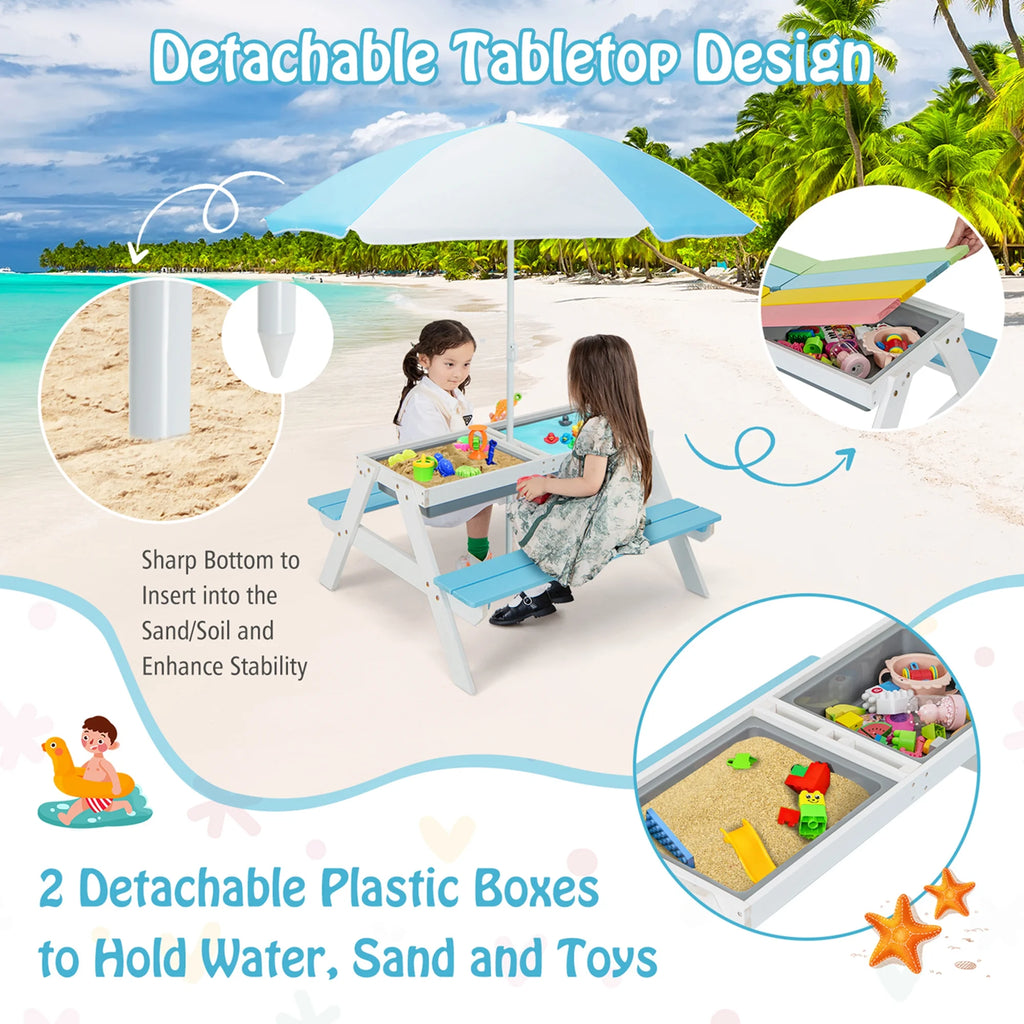 Costway 3 - in - 1 Kids Picnic Table Wooden Outdoor Sand & Water Table with Umbrella Play Boxes Green