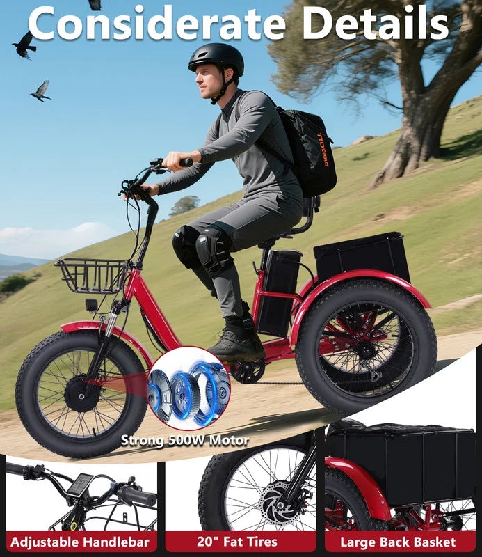 YEBEI Electric Tricycle for Adults Folding E - Trike Motorized Tricycle Electric 3 Wheels Trike Powerful 500W Motor Electric Tricycle 48V15AH Lithium Battery Max 20MPH 20*4.0" Fat Tire Orange